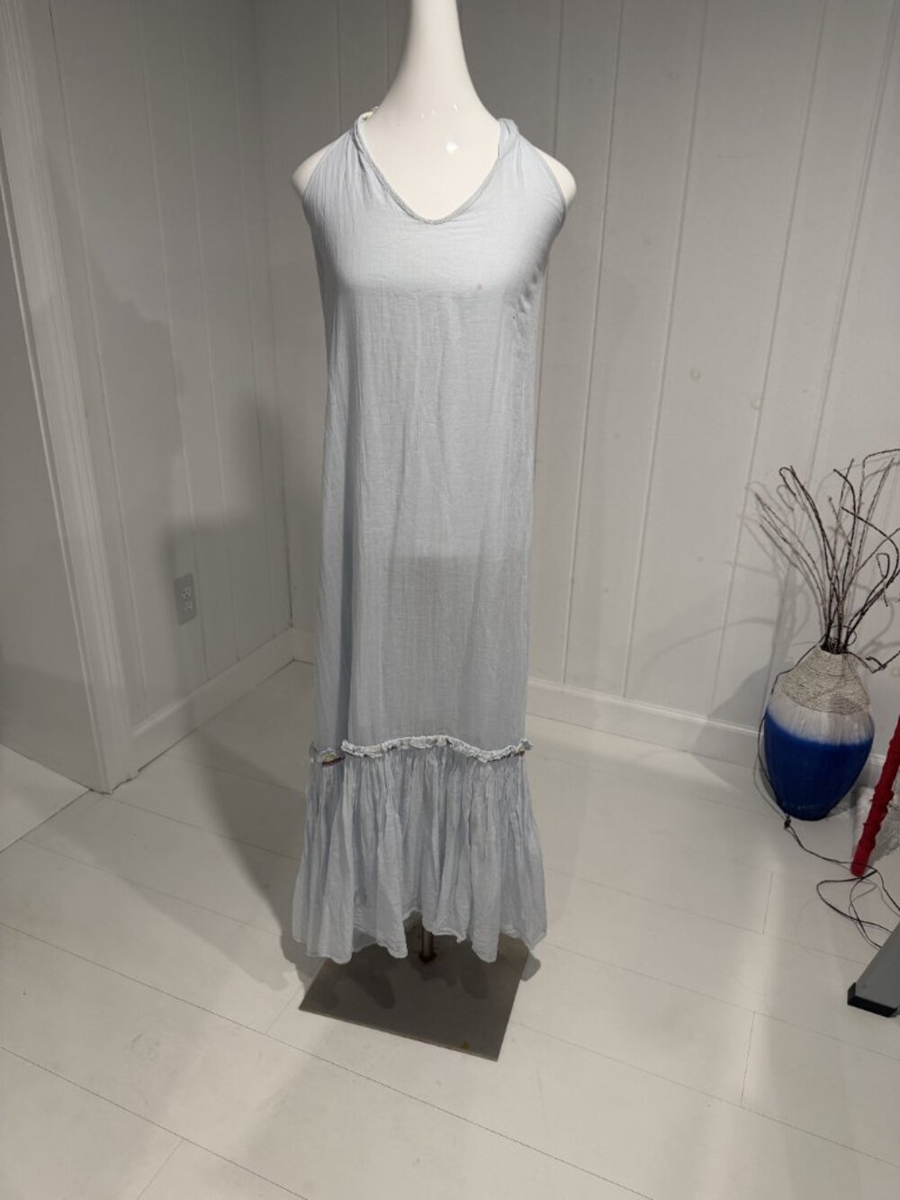 Pitusa Light Blue Gauze Ruffle Trim Maxi Dress